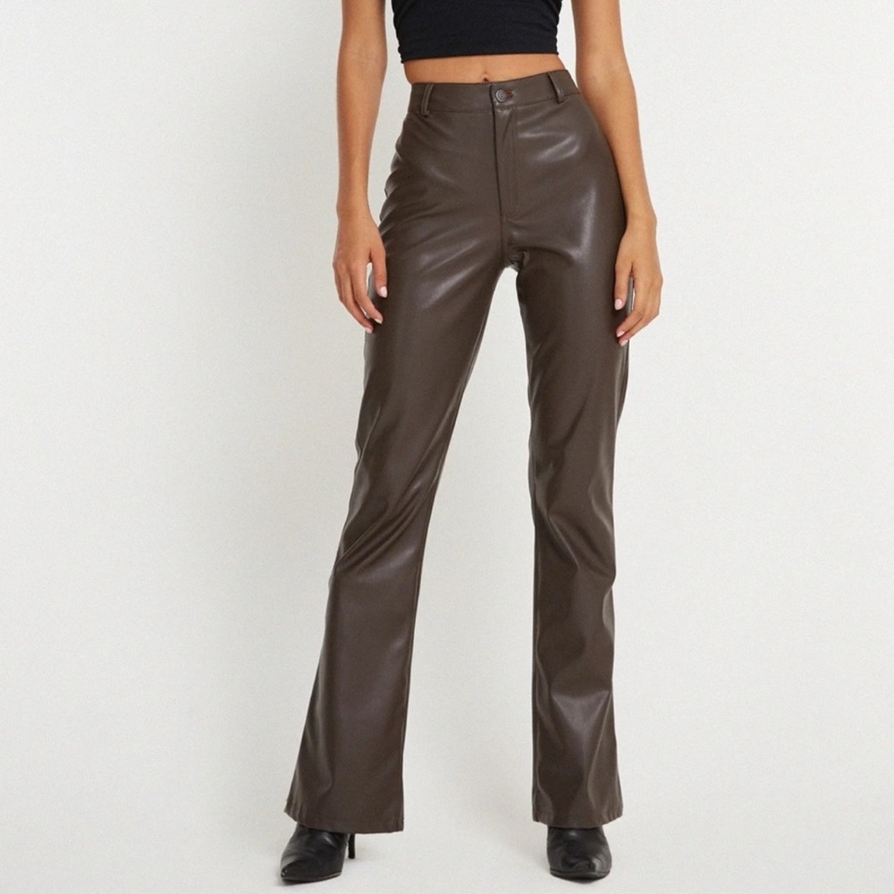 MOTEL ROCKS Zoven Trouser Faux Leather Boot Cut Pants - Dark Chocolate - XS